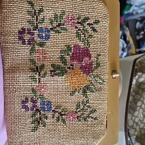 Vintage Floral Embroidered Burlap Clutch